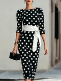 Retro Polka Dot Waist-Cinching Mid-Length Dress