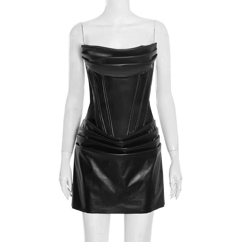 Womens PU Pleated Tube Dress