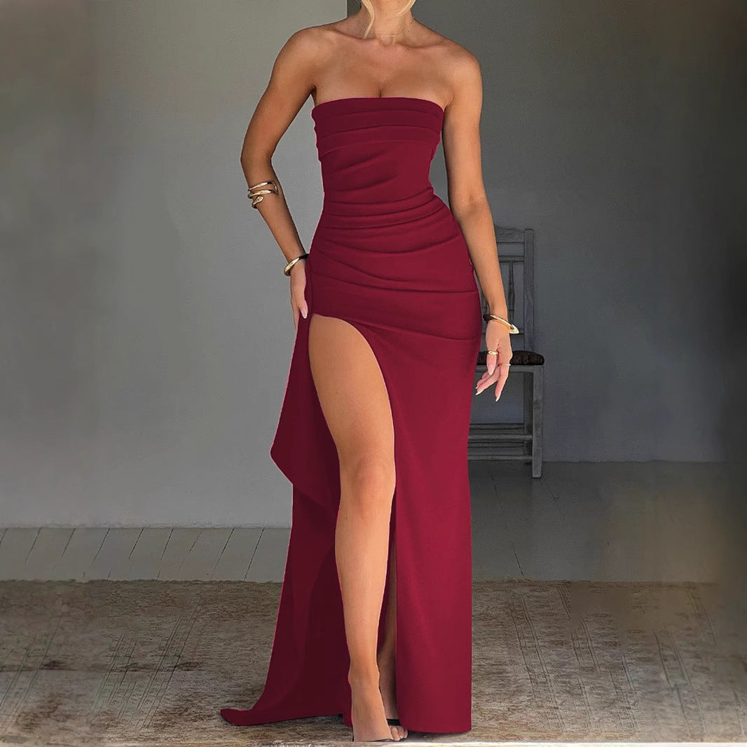 Women Off Shoulder Tube Top Backless High Split Long Evening Dress