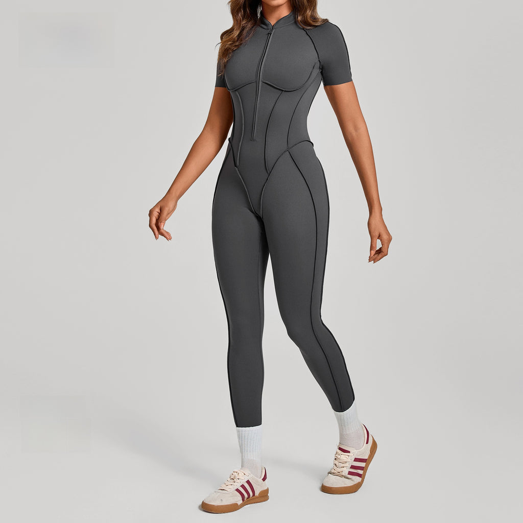 Stand-Up Collar Half-Zip Short-Sleeve Jumpsuit