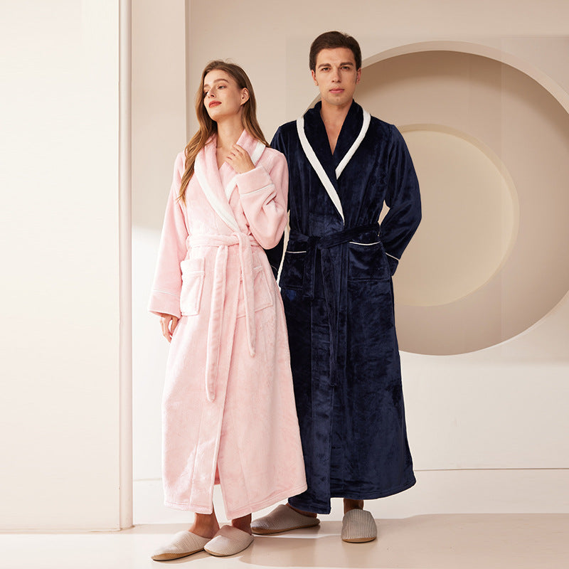 Thickened Long Coral Velvet Flannel Bathrobe for Couples