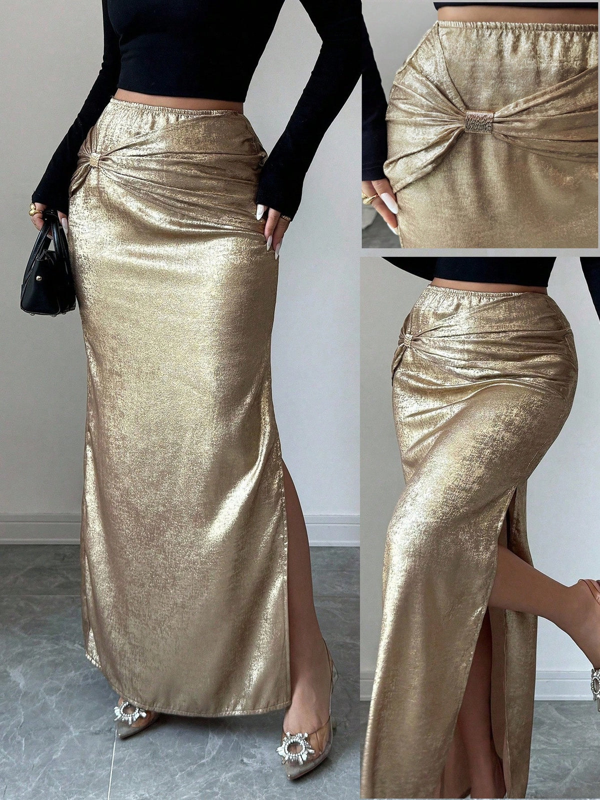 Metal Decorated Pleated Slit Skirt