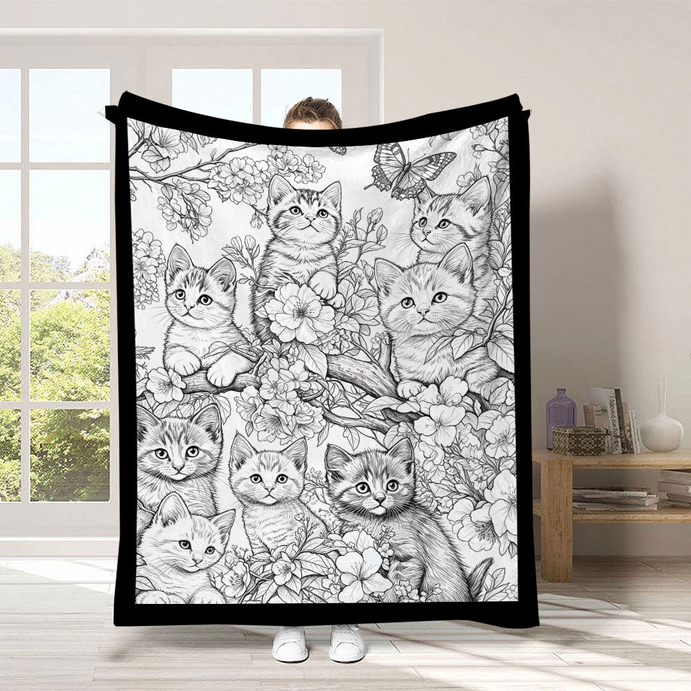 Black and white line-drawn graffiti rug