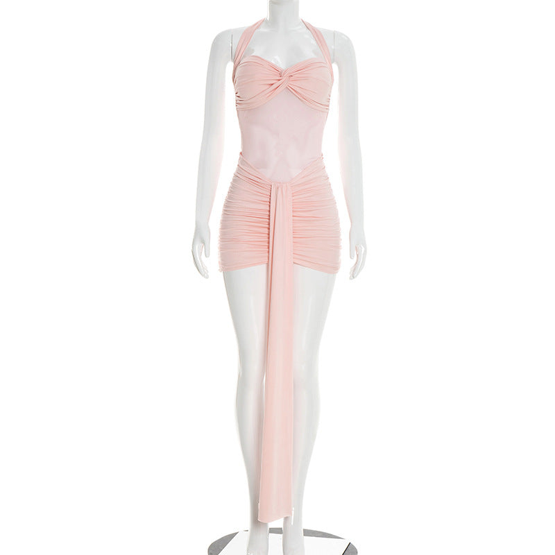 Women's Solid Color Mesh Halter Neck Short Dress