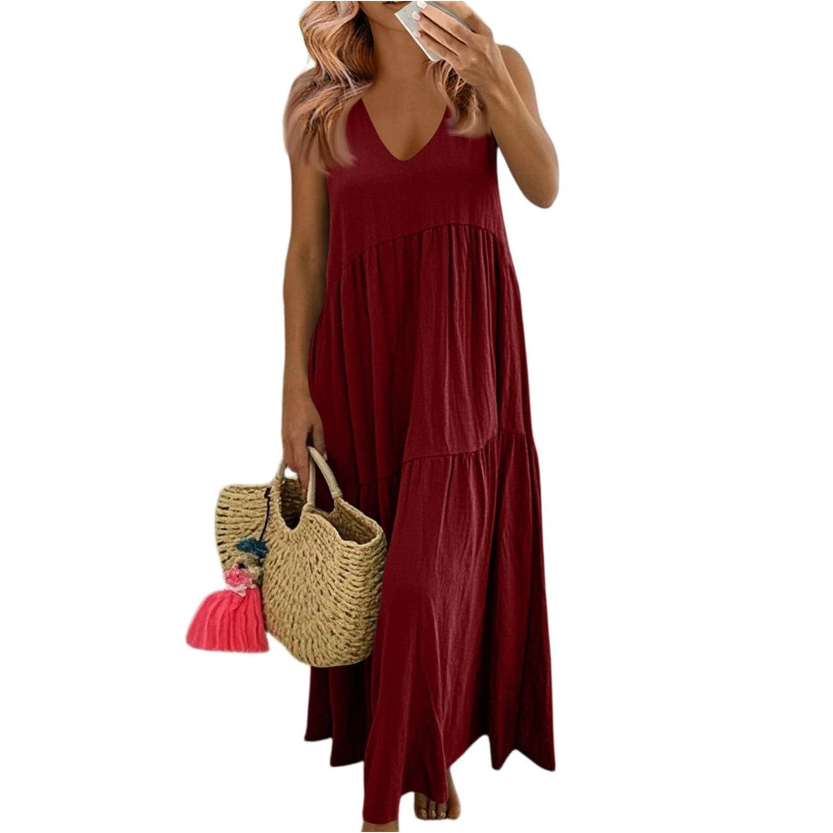 Women's Cotton V-Neck Sleeveless Bohemian Layered Maxi Dress