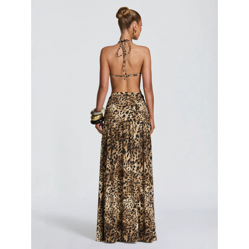 Women High Waist Cross Front Vintage Leopard Print Long Skirt