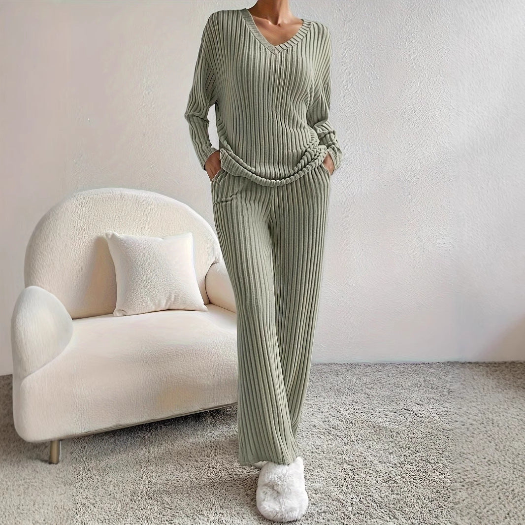 Home Casual Straight Pants Elegant Loose V-neck Pit Two-piece Set