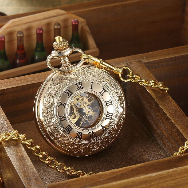 Engraved Mechanical Pocket Watch with Alloy Chain