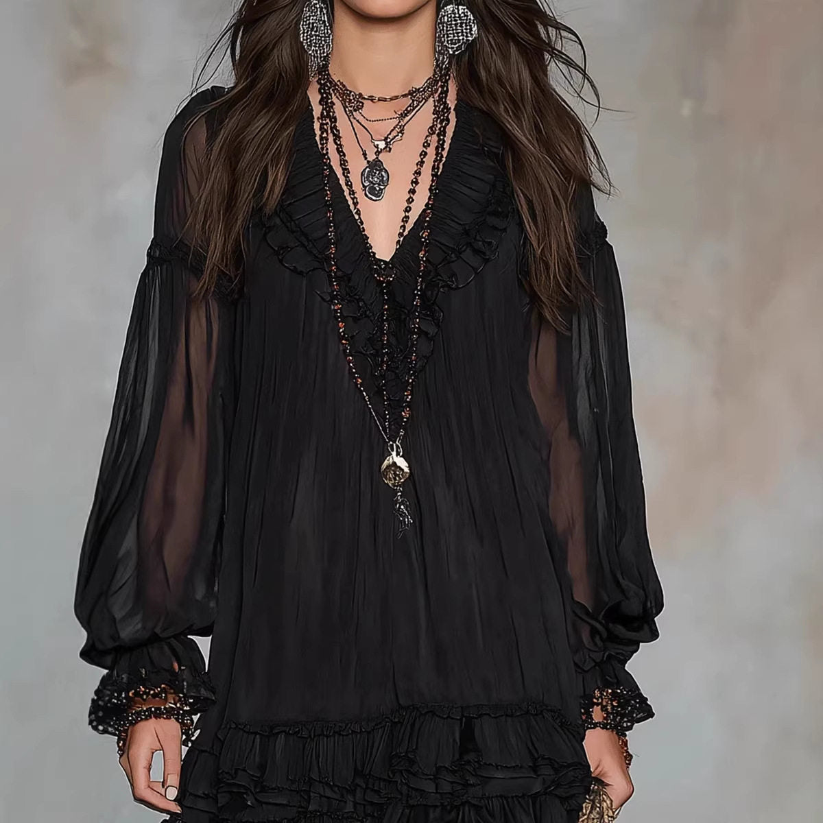Spring New V-Neck Waist-Cinching Ruffle Elegant Dress