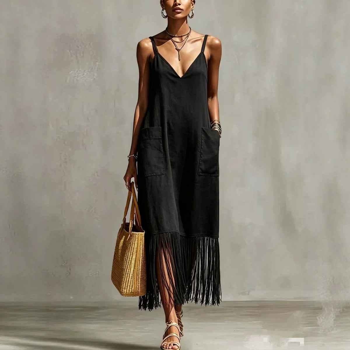 V-Neck Sleeveless Tassel Dress