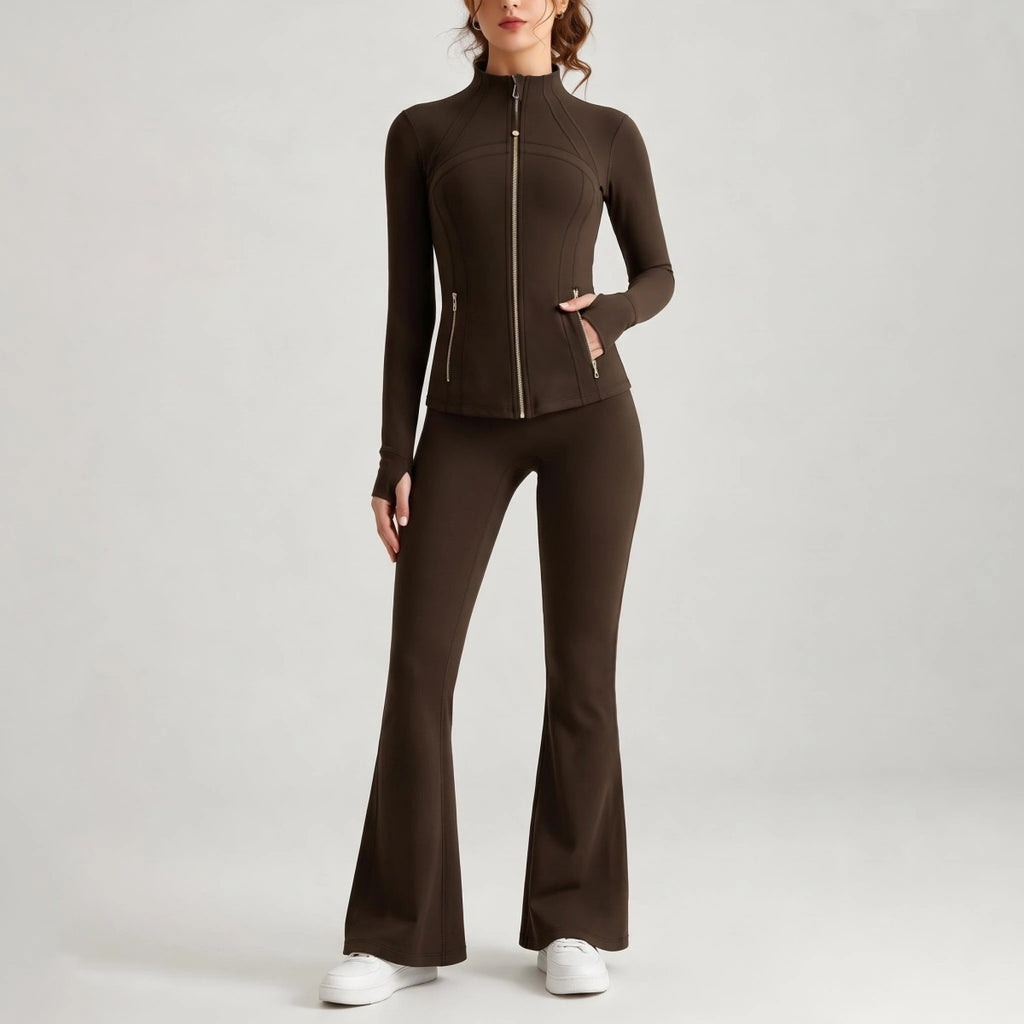 Double-Sided Brushed Yoga Set for Women Stand-Collar Slim-Fit Jacket High-Waist Flared Pants