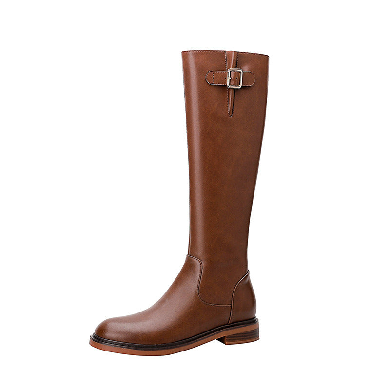 Women's Vintage Genuine Leather Knee High Riding Boots with Side Zipper