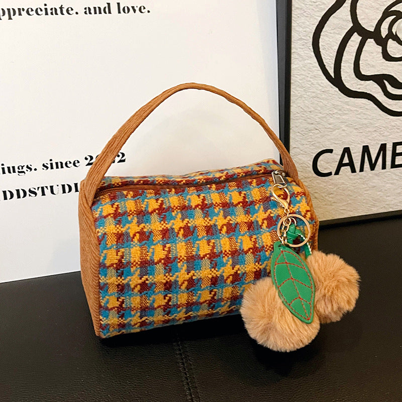 Classic Houndstooth Bucket Handbag Cute Portable Corduroy Makeup Gift Bag