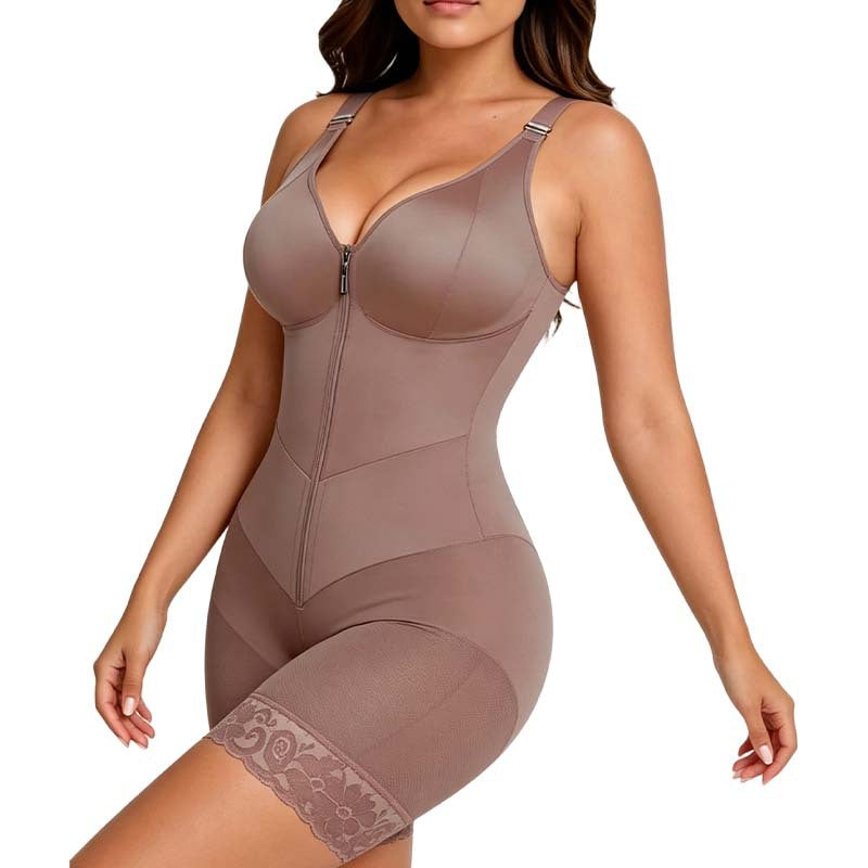 Front Zipper Shapewear Bodysuit with Lace Trim