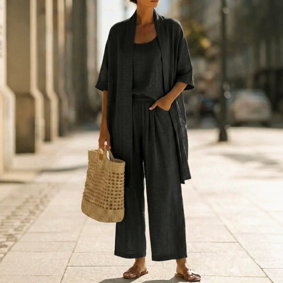 Women Summer Cotton Linen Solid Color Three Piece Cardigan Set Casual Pants Suit