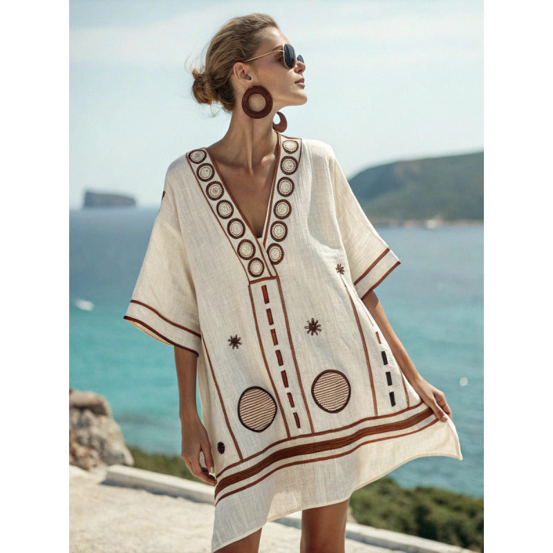 Womens V-Neck Striped Dress Loose Beach Casual Summer Dress