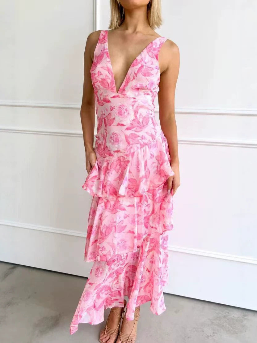 Women's Summer Floral Printed V-Neck Sleeveless A-Line Long Dress