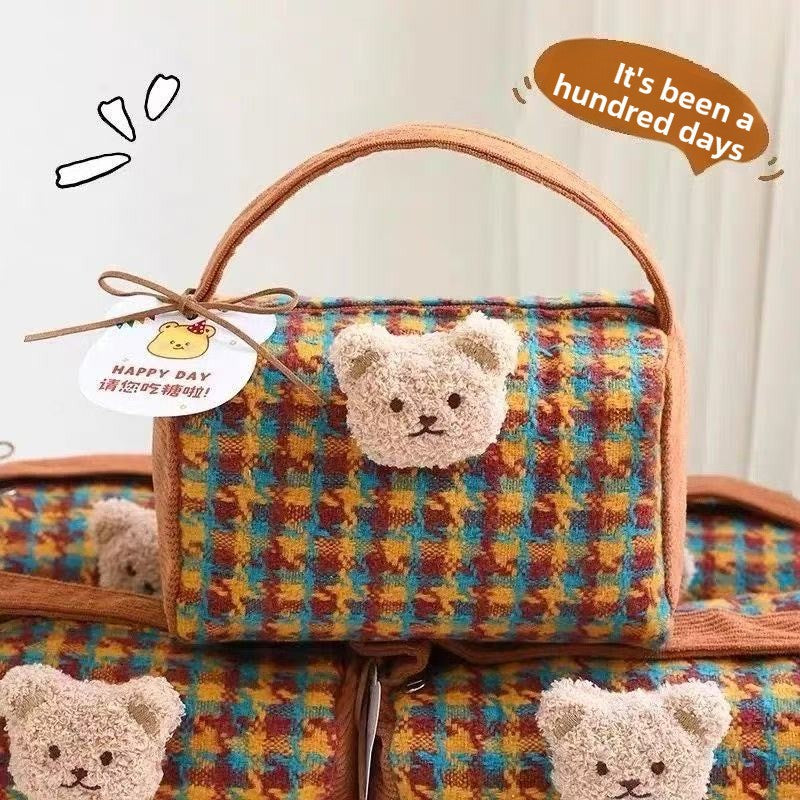 Classic Houndstooth Bucket Handbag Cute Portable Corduroy Makeup Gift Bag
