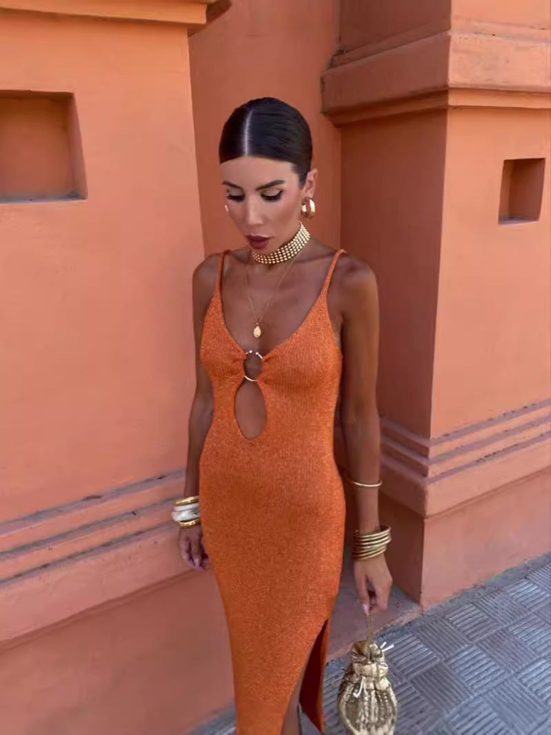 Womens Backless Knit Dress with Metal Buckle