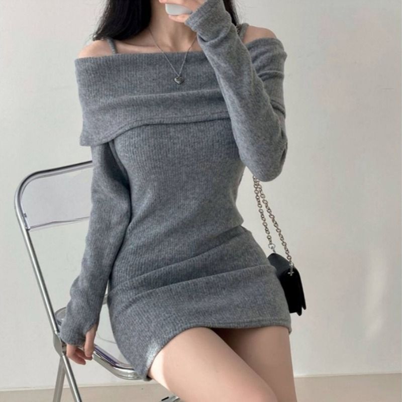 Women's Off-Shoulder Ribbed Knit Hip-Hugging Short Dress
