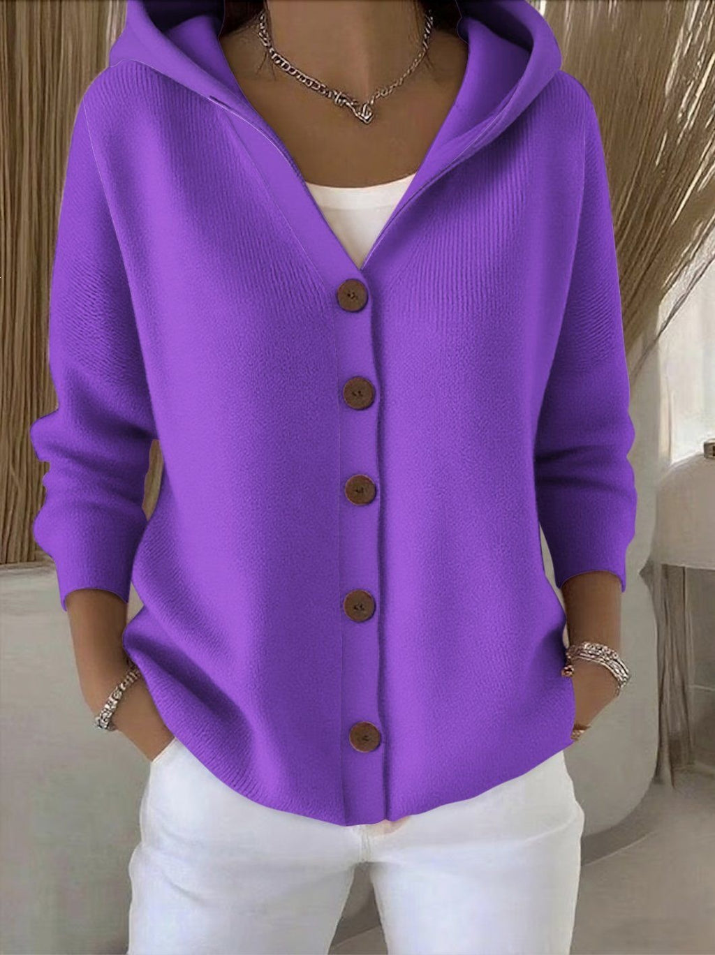 Women's Hooded Knitted Cardigan Solid Color Casual Fashion Sweater Jacket