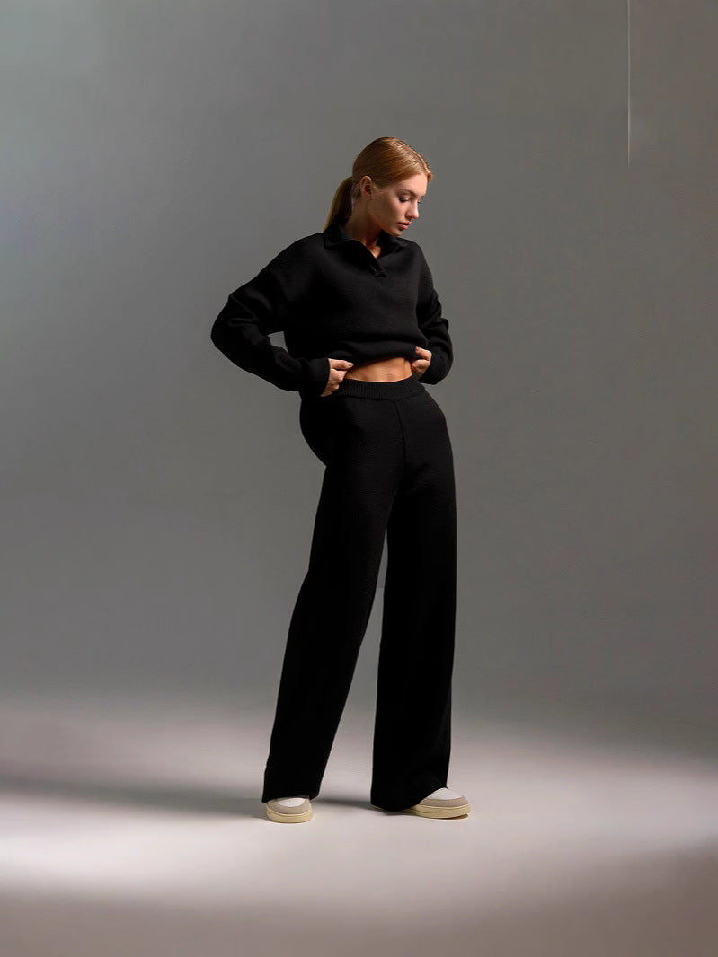 Women's Two-Piece Knit Set Polo Collar Pullover and Wide-Leg Pants