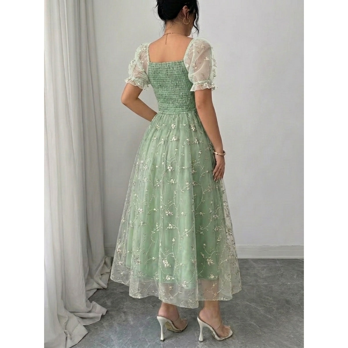 Womens Square Neck Puff Sleeve Embroidered Mesh Midi Dress