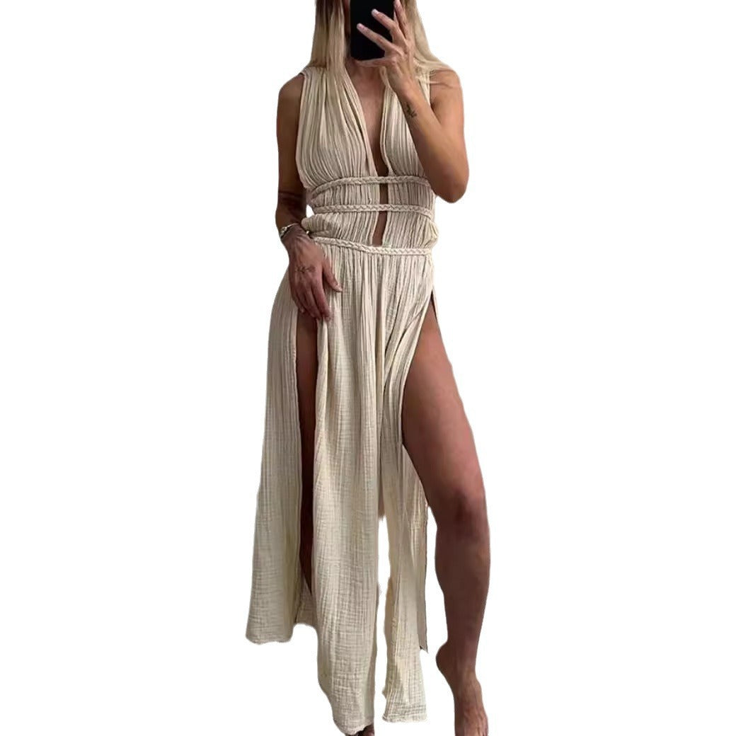 Sleeveless Braid Belt Cut Out Slit Long Skirt