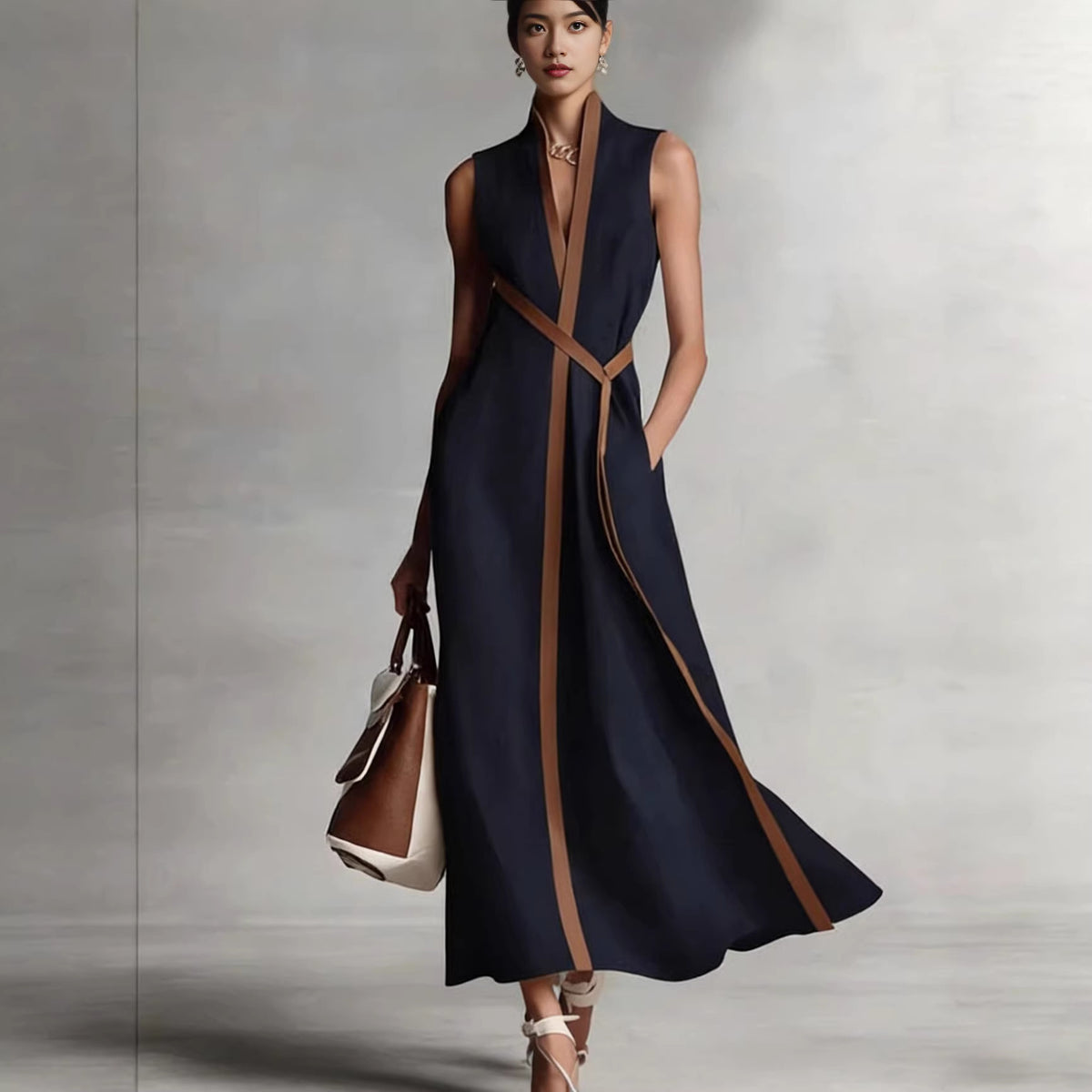 Stand Collar Sleeveless Color Block Loose Dress