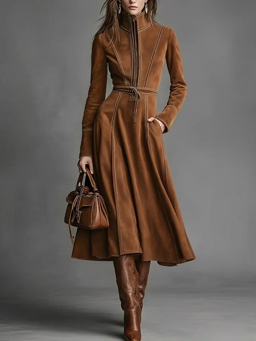 Women's Retro Suede Stand Collar Zipper A-Line Long Dress