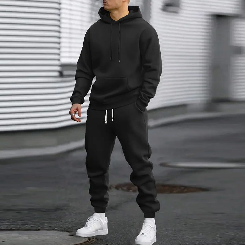 Mens Solid Color Hooded Sweatshirt and Pants Set