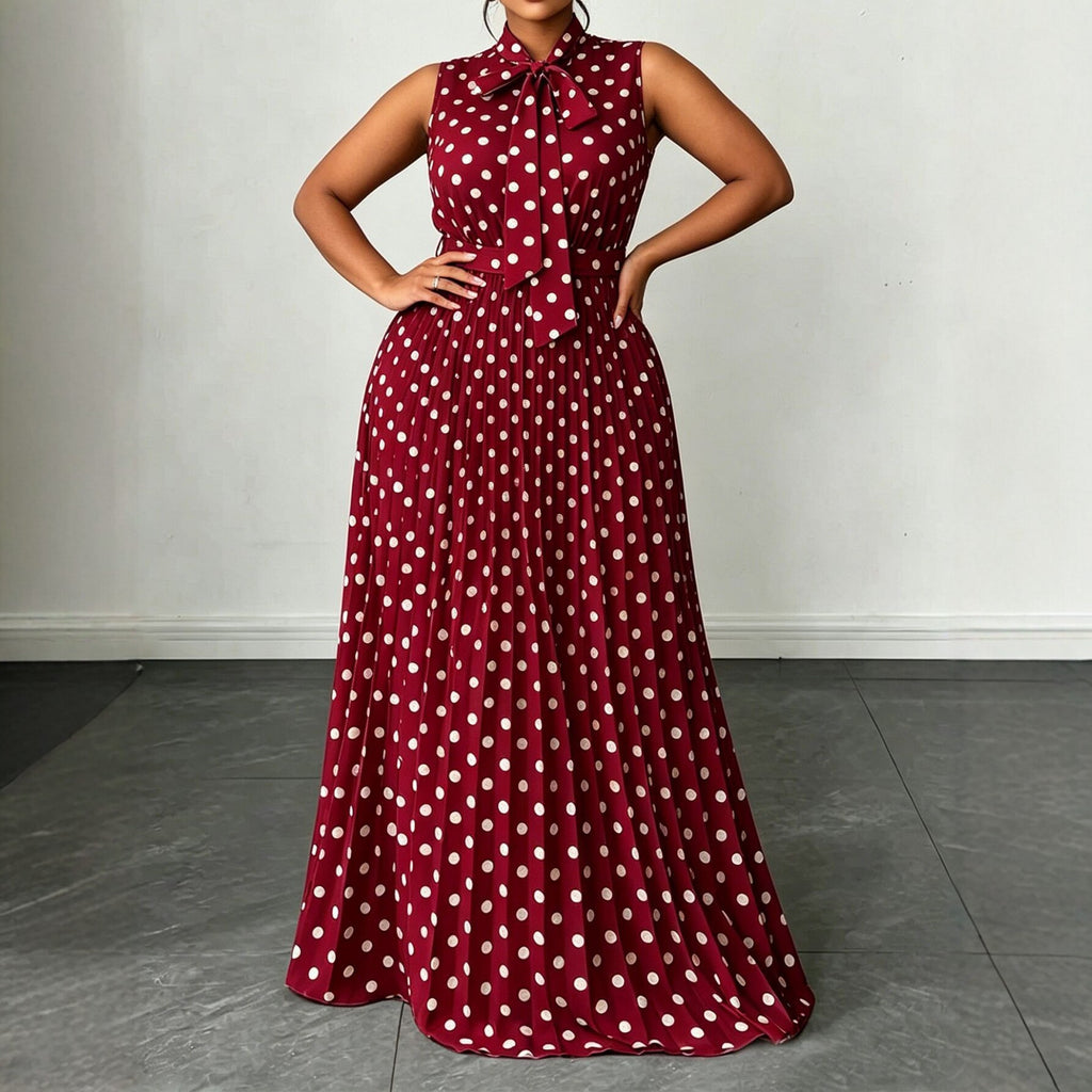 Polka Dot Sleeveless Tie-Up Mid-Length Dress