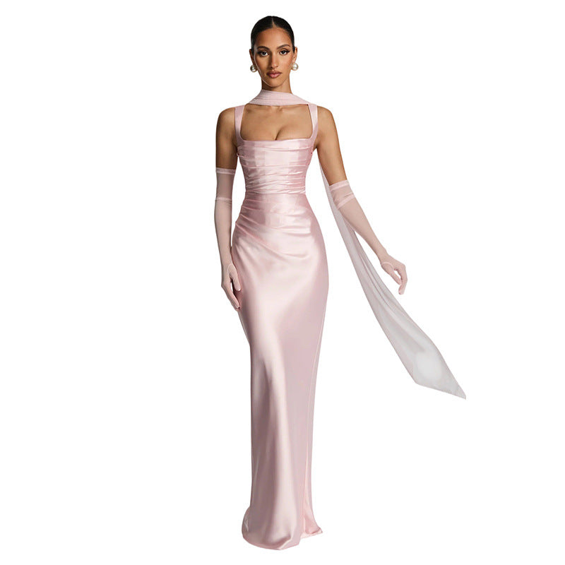 Satin Fishbone Strap Bodycon Dress