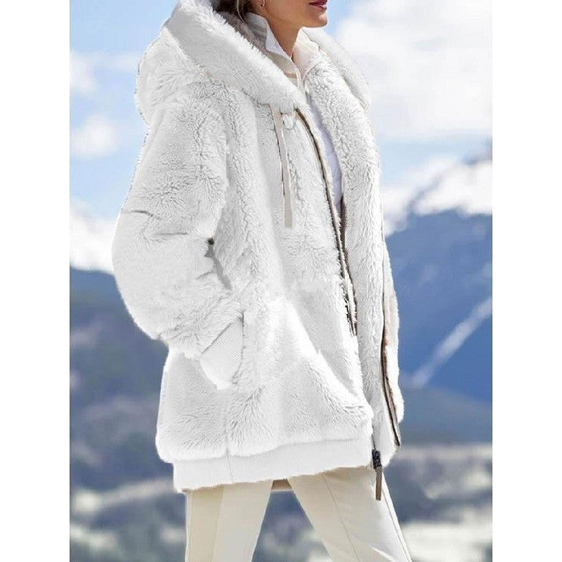 Womens Loose Fit Plush Zipper Hooded Jacket