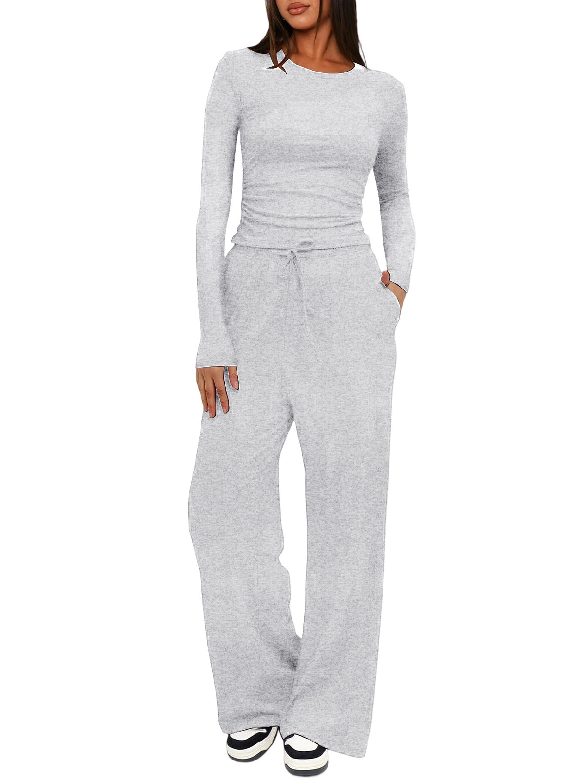 Solid Color Long Sleeve Top and High Waisted Wide Leg Pants Sportswear Set