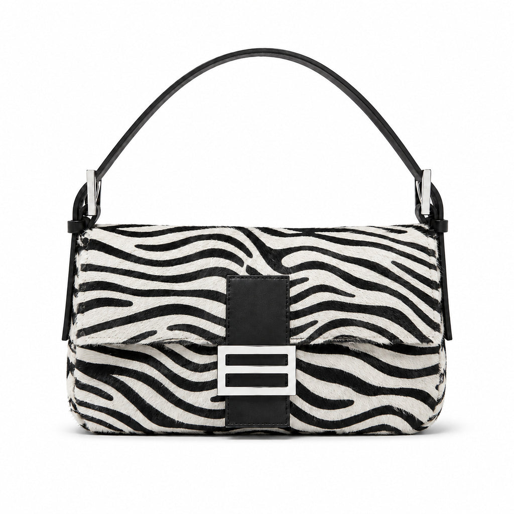 Retro zebra-patterned faux horsehair shoulder bag