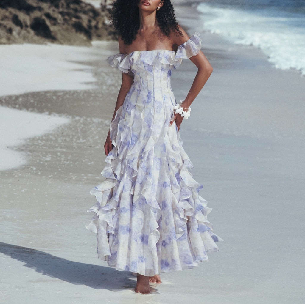 Women's Chiffon Sling Floral Ruffle Hem A-Line Maxi Dress
