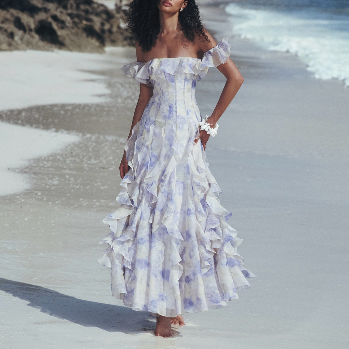 Women's Chiffon Sling Floral Ruffle Hem A-Line Maxi Dress