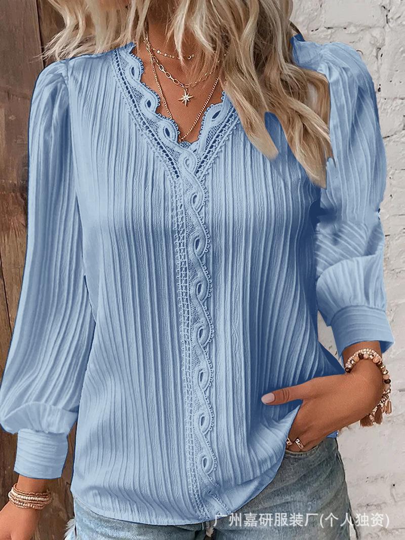 2025 Cross-Border Hot Selling Amazon Autum Long-Sleeved V Neck Lace Splicing Shirt Women's Shirt Women's Clothing Ready Supply
