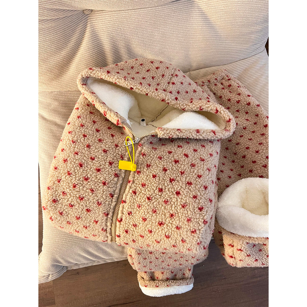 Women's Christmas Polka Dot Three-Layer Quilted Cotton Fleece-Lined Hooded Pajama Set
