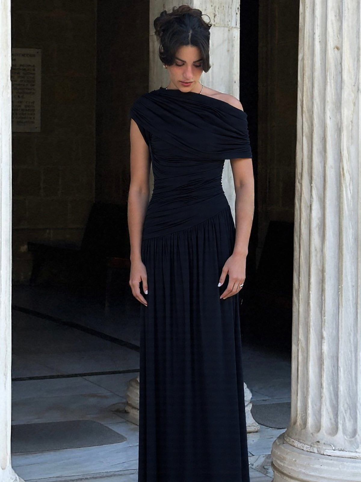 Womens Asymmetrical Neckline Pleated Dress