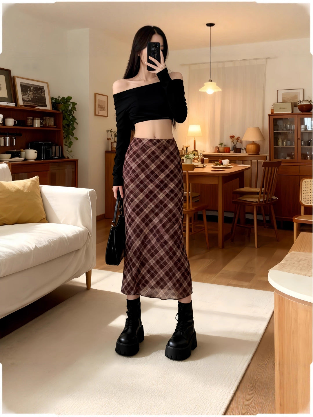 Uena American Retro Lace Bow Plaid Mesh Slit Skirt for Women