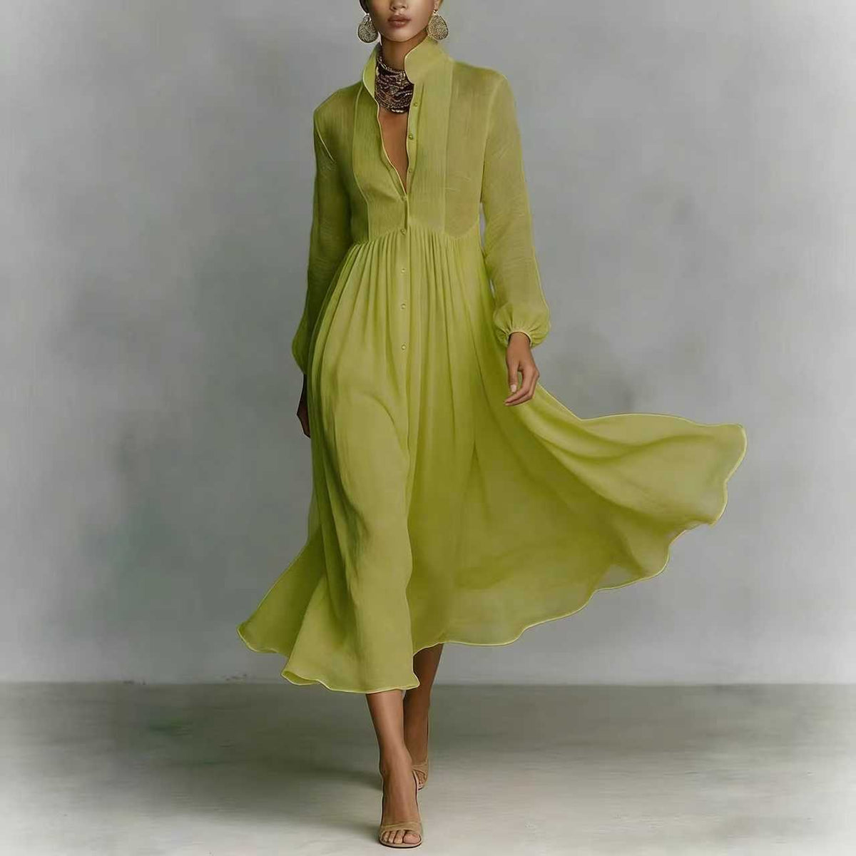 Elegant Slim Fit Pleated Long Sleeve Dress