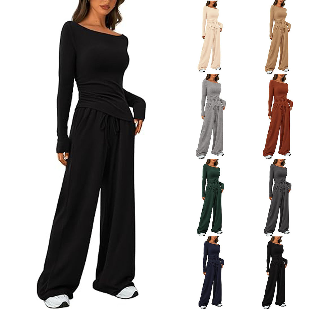 Women Asymmetric Long Sleeve T-Shirt and Wide Leg Pants Set