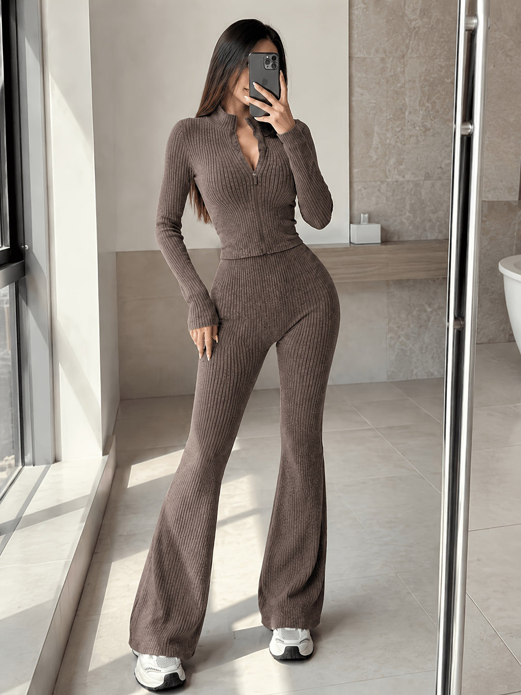 Women's Two-Piece Knit Set Short Cardigan and Flared Pants