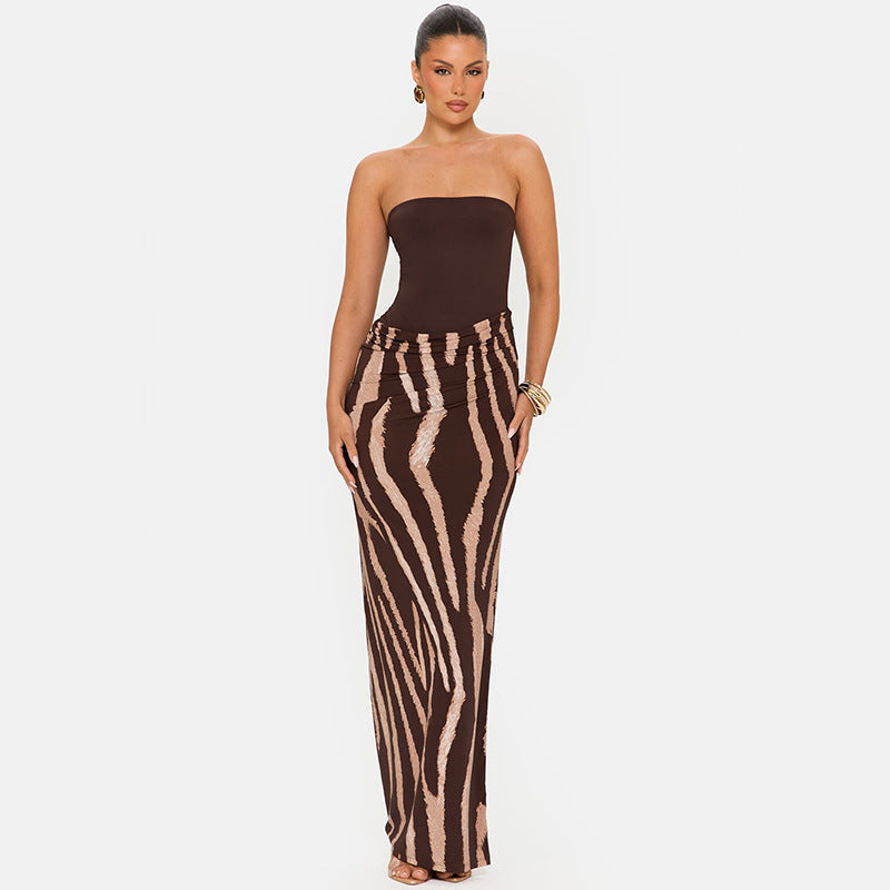 Women's Sexy Leopard Print Sleeveless Strapless Slim-Fit Patchwork Long Dress