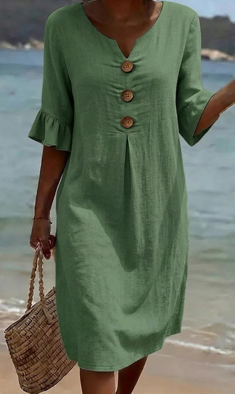 Womens V-Neck Linen Blend Dress