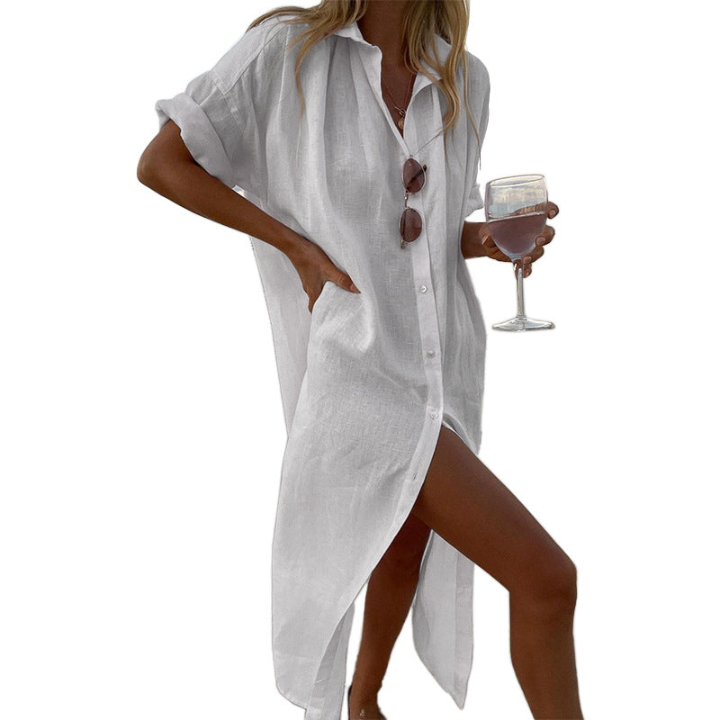 Solid Color Long Sleeve Cotton Linen A-Line Dress