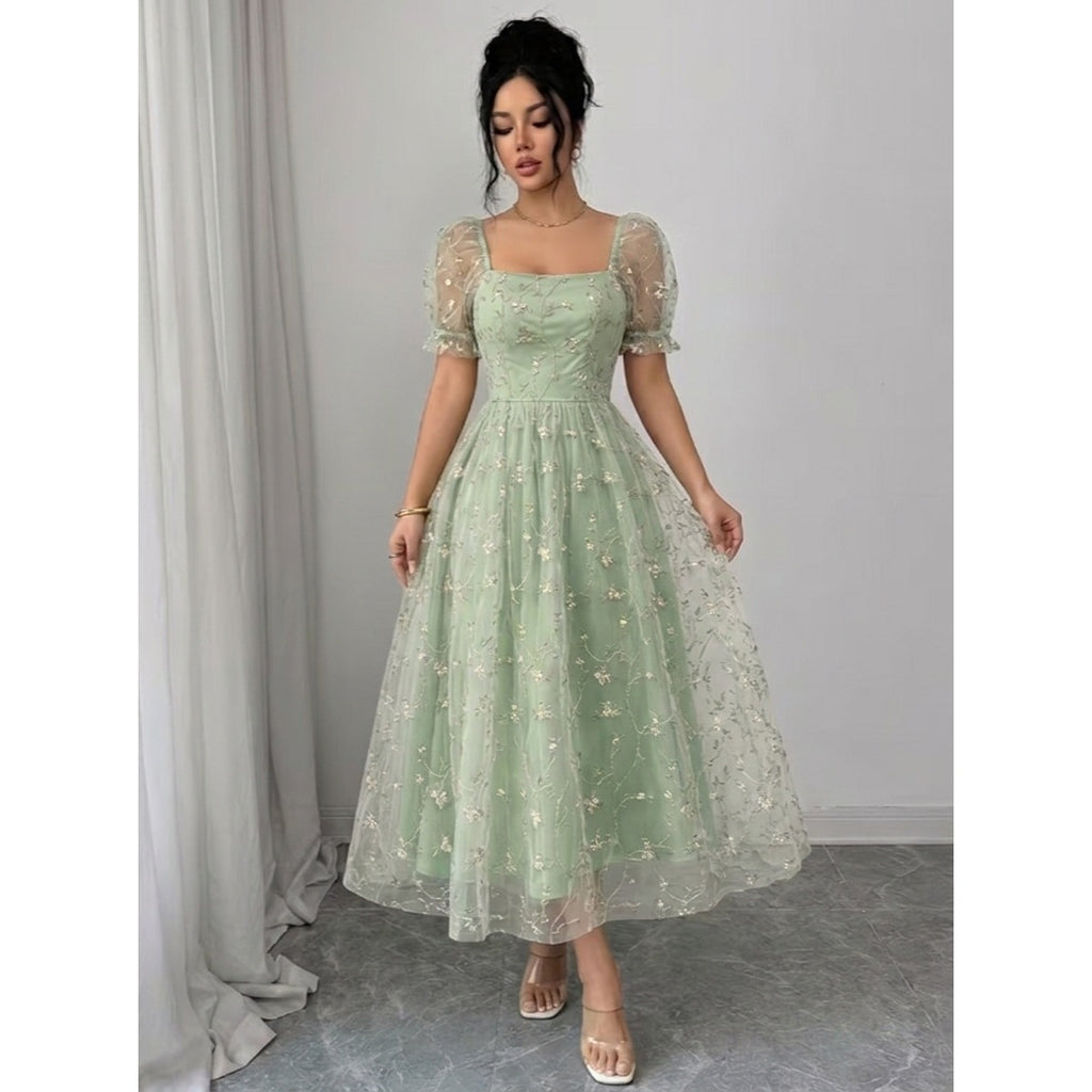 Womens Square Neck Puff Sleeve Embroidered Mesh Midi Dress