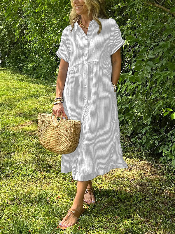 Womens Striped Short Sleeve Shirt Dress Casual Cotton Linen Midi Dress